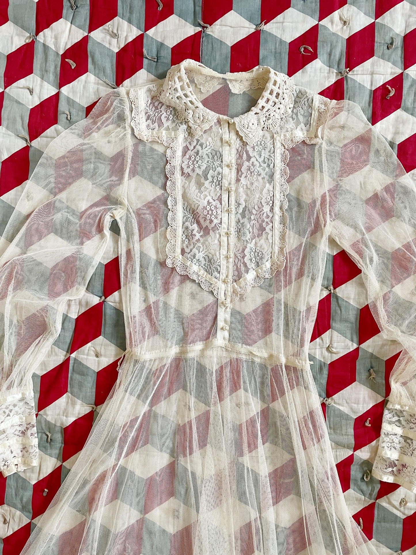 1970s Sheer Net Mesh Prairie Dress - Size Small/Med