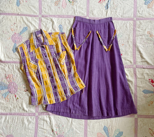 Late 1940s Purple and Yellow Denim Checked Western Style A Line Skirt Set - Small
