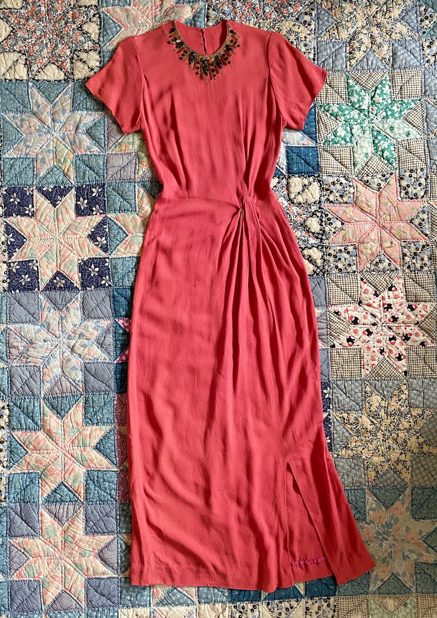 1940s Coral Pink Rayon Crepe Sequin Gown