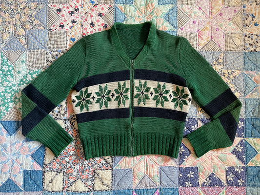 1930s Green Wool Talon Bell Zip Front Knit Cardigan Sz Medium