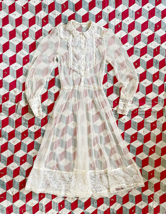 1970s Sheer Net Mesh Prairie Dress - Size Small/Med