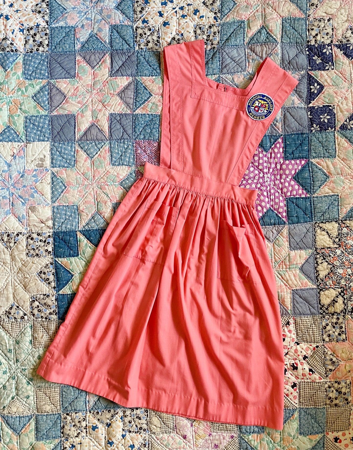 1940s Coral Cotton Nurse’s Pinafore Work Dress