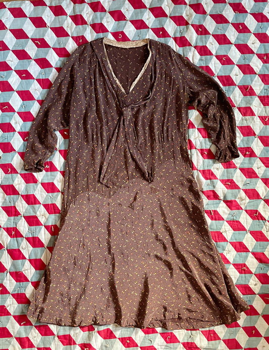 1920s Brown Cold Rayon Pattern Dress 1X-2X