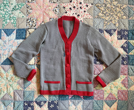 1930s Gray Red Trim Wool Button Front Handmade Cardigan Sz Small