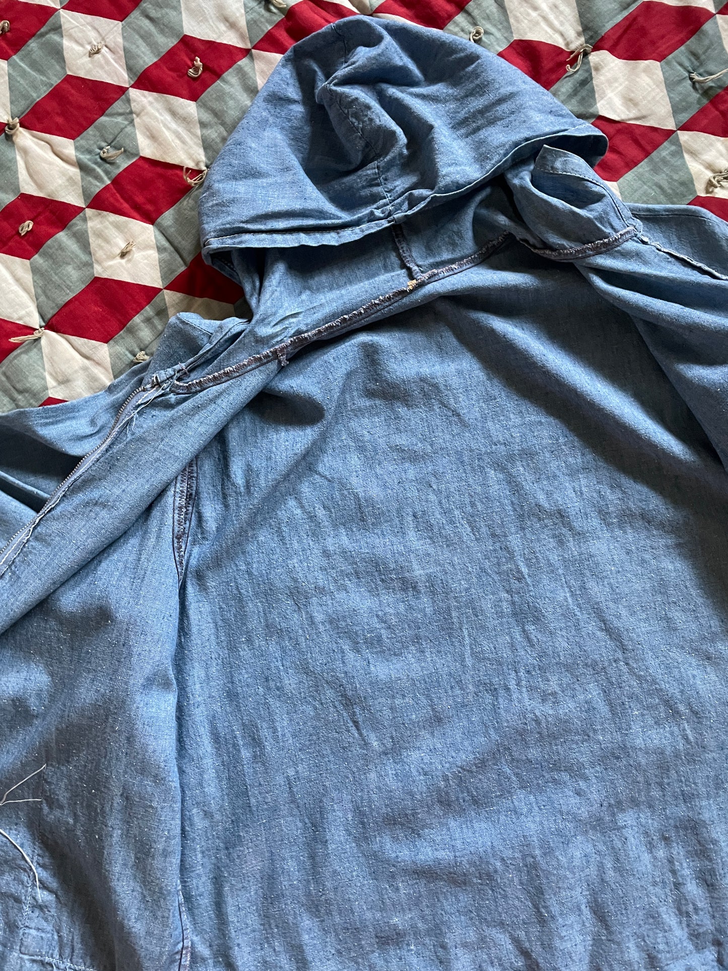 1950s Chambray Zip Front Hooded Jacket