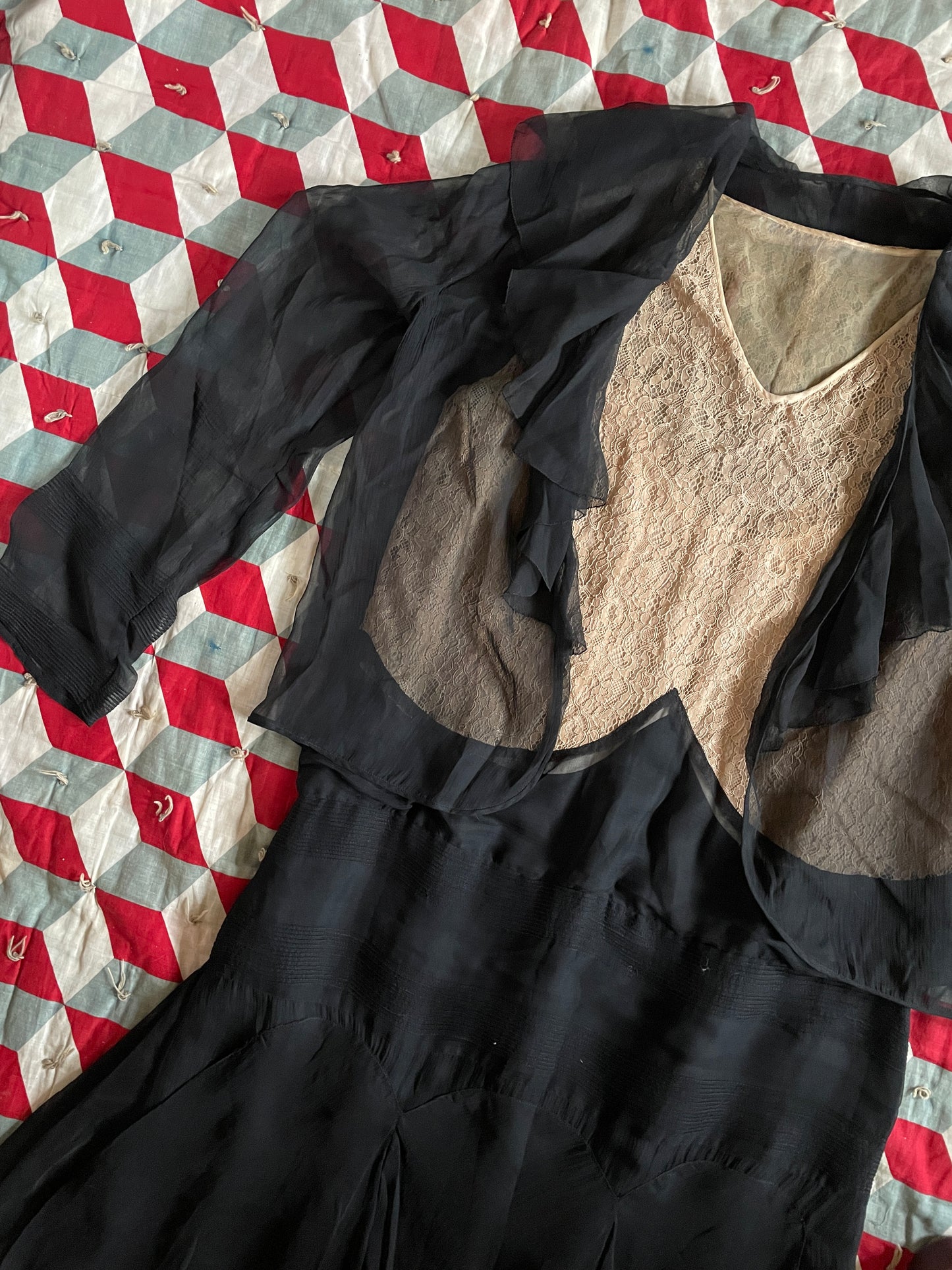 Late 1920s Black Silk Chiffon and Lace Dress
