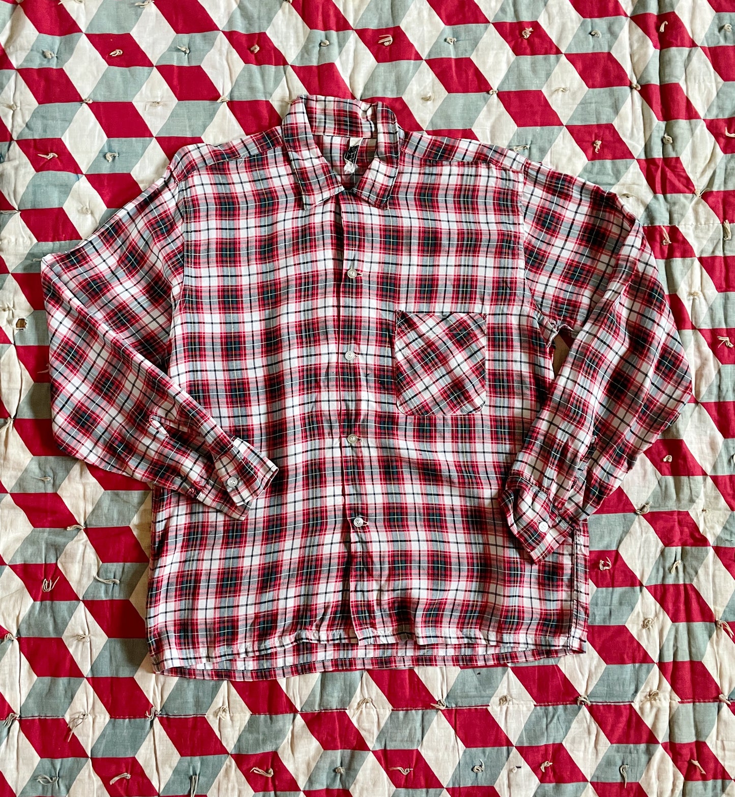 1950s Red Shadow Plaid Loop Collar Rayon Button Up
