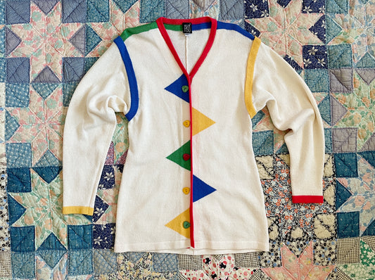 Early 1990s Primary Color Abstract Shapes Cardigan Small/Med