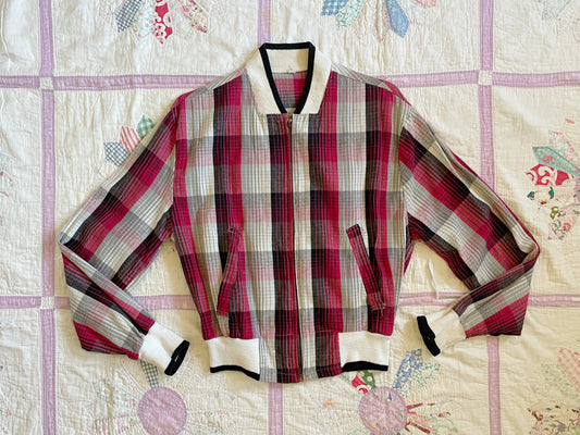 1950s Red Cotton Shadow Plaid Banded Hem Jacket - Size Med/Large