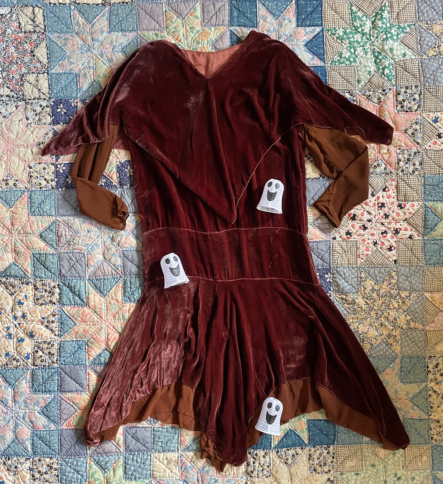 1920s Chocolate Silk Velvet Drop Waist Dress