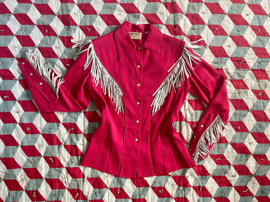 Rare Vintage 1940s Red Gabardine Leather Fringe Pearl Snap Western Ranch Maid Blouse