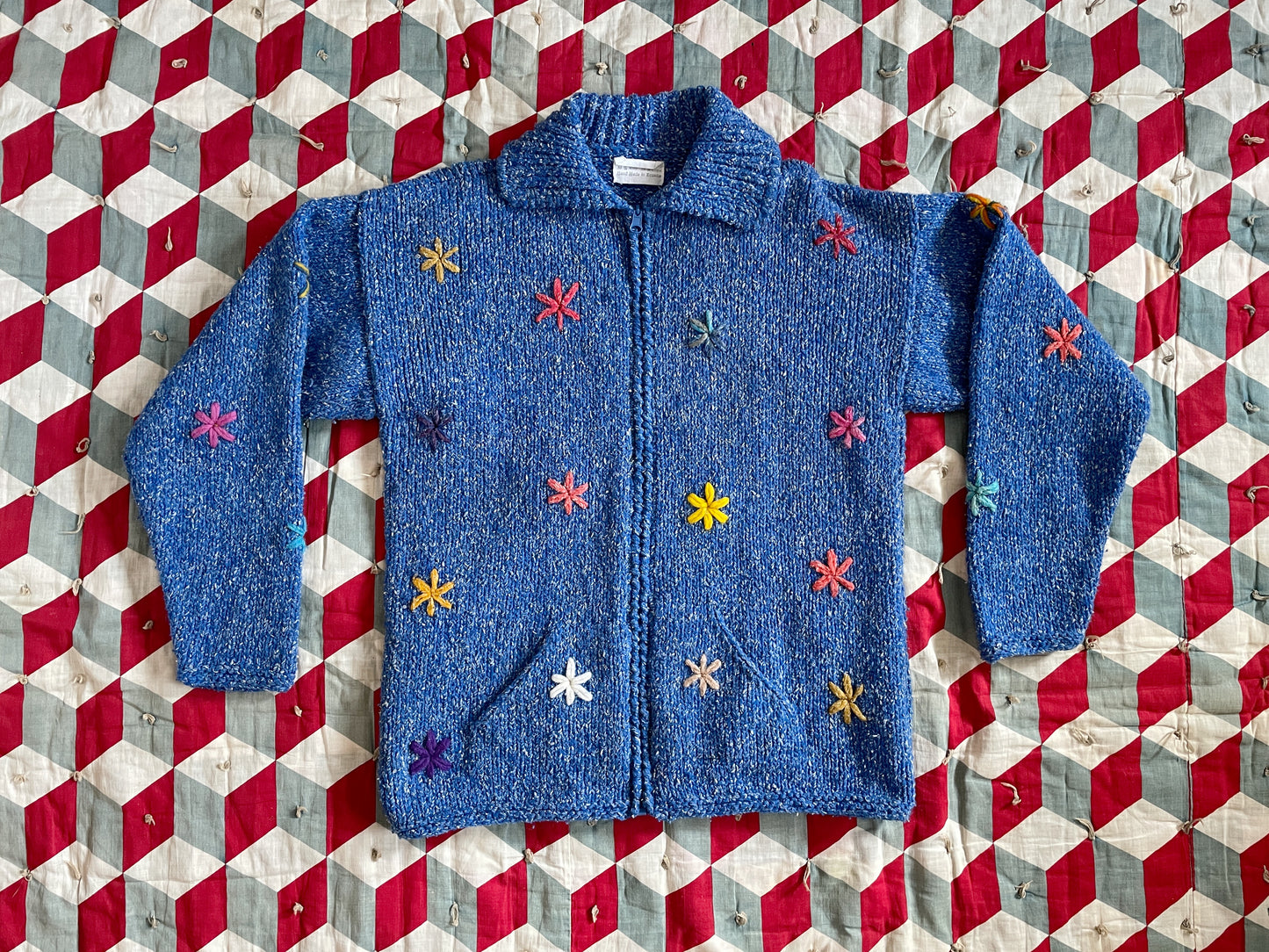 1990s Blue Floral Embroidered Wool Cotton Zip Front Sweater Medium