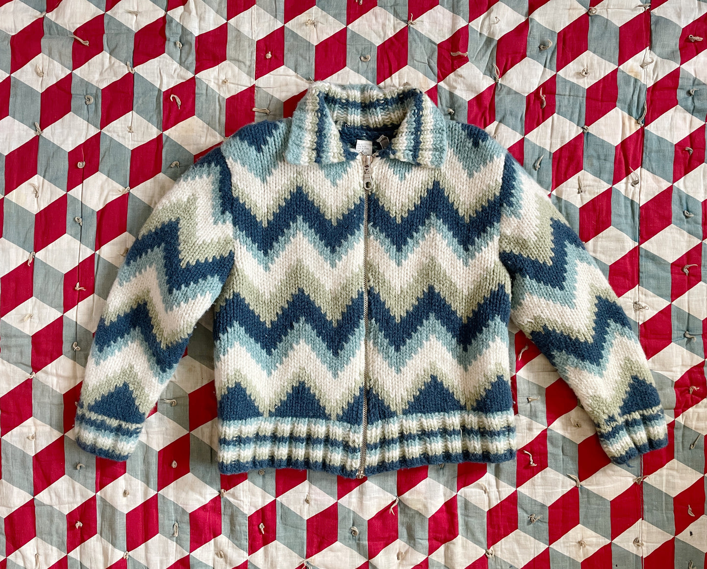 1990s Blue Green Zip Front Zig Zag Wool Sweater Xsmall/Small