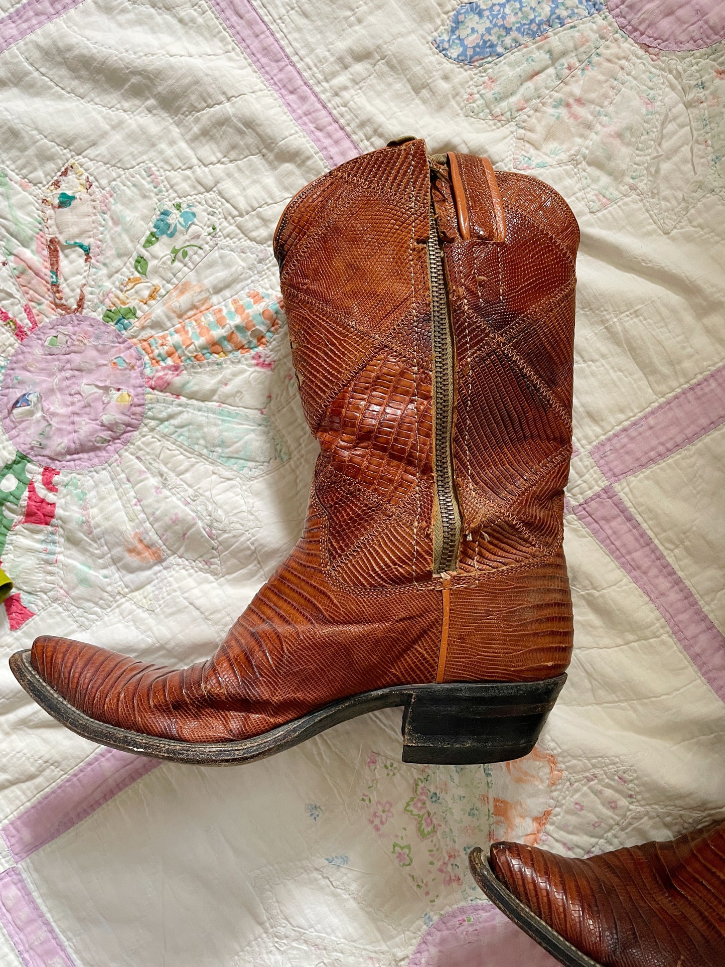 1940s Snakeskin Bell Side Zip Leather Cowboy Boots Sz 7