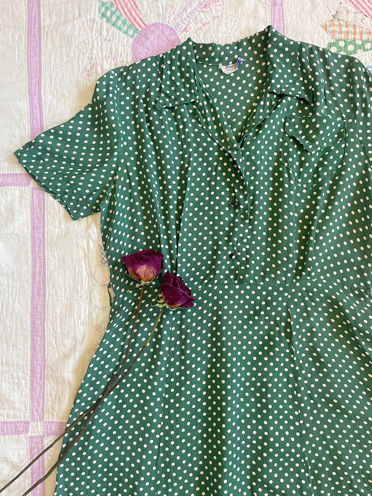 Late 1930s Green Polka Dot Cold Rayon Dress - Size Large