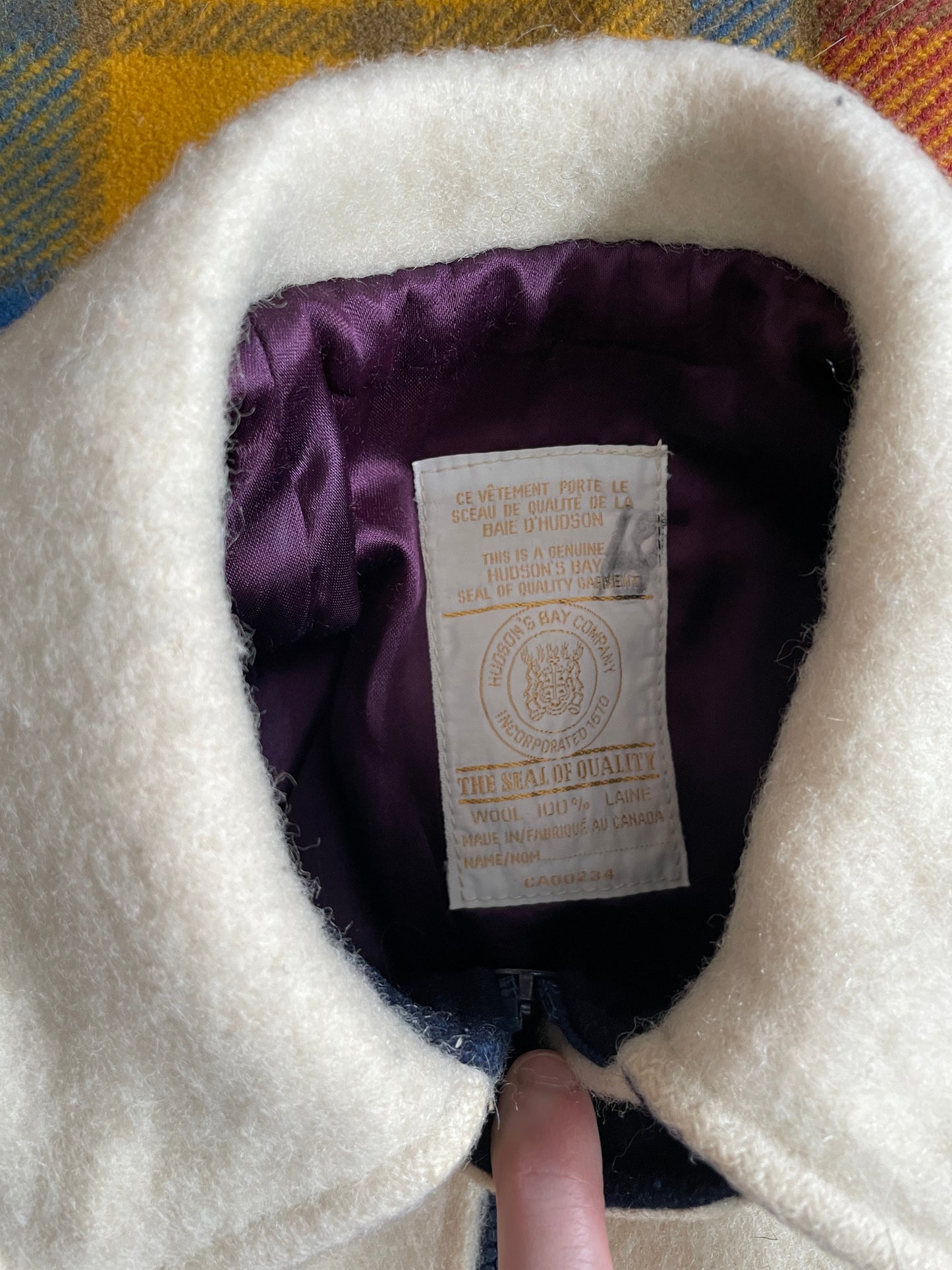 1970s Cream Wool Hudson Bay Zip Front Coat Small