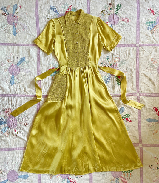 1930s Golden Yellow Slinky Satin  Smocked Dressing Gown - Size Small