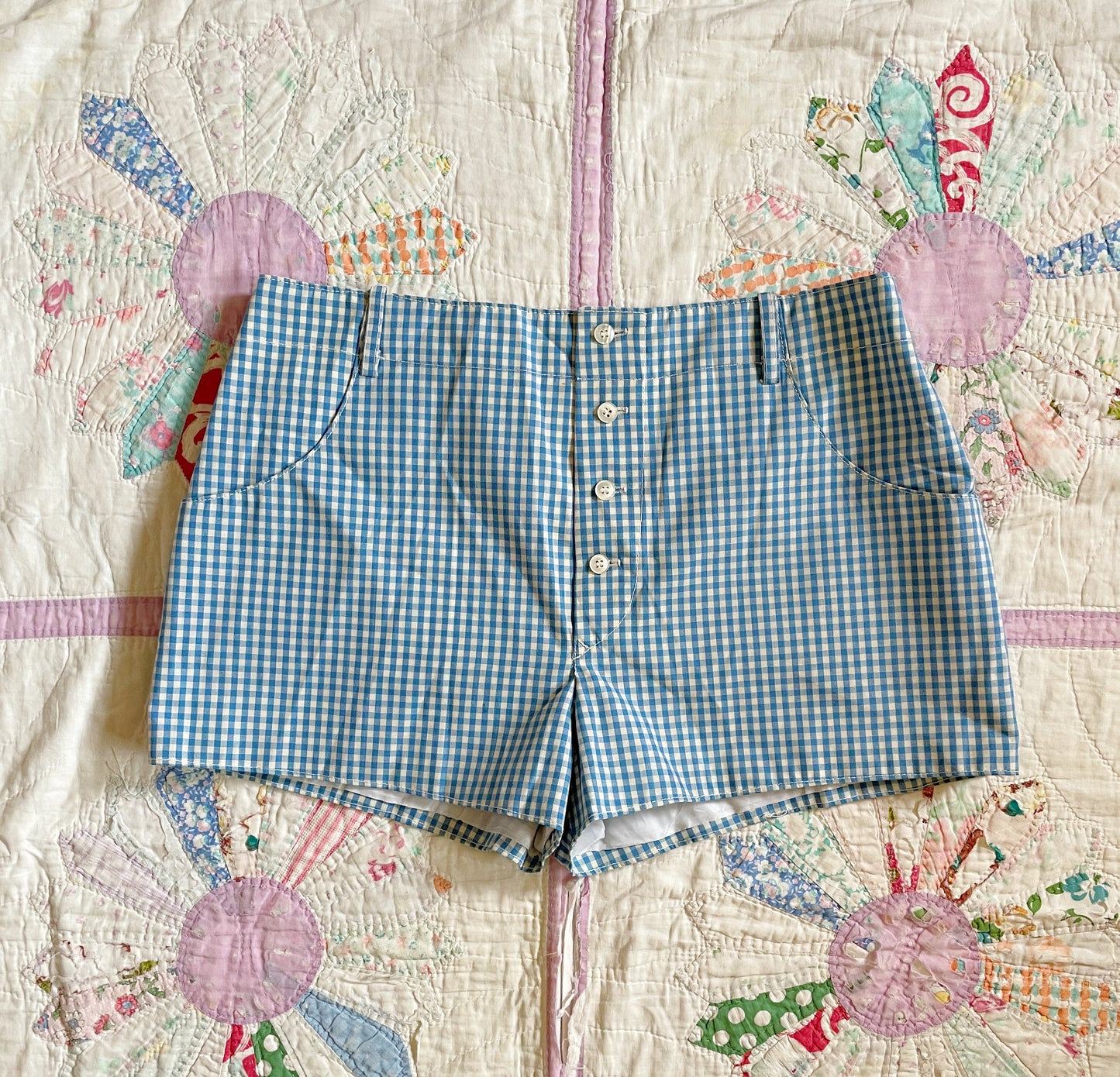 1970s Blue Checked Cotton Shortie Shorts